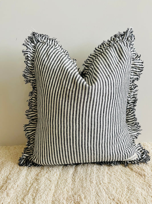 Pure French Linen Frayed Edge Ruffle Cushion Cover - Charcoal Pinstripes