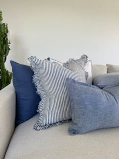 Pure French Linen Lumbar Cushion Cover with Flange Detail - Denim
