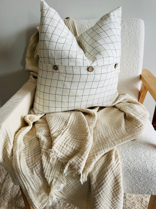 Pure French Linen Cushion Cover - Blue Grids