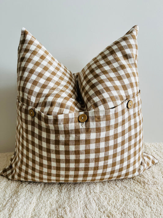 Pure French Linen Cushion Cover - Chocolate Gingham