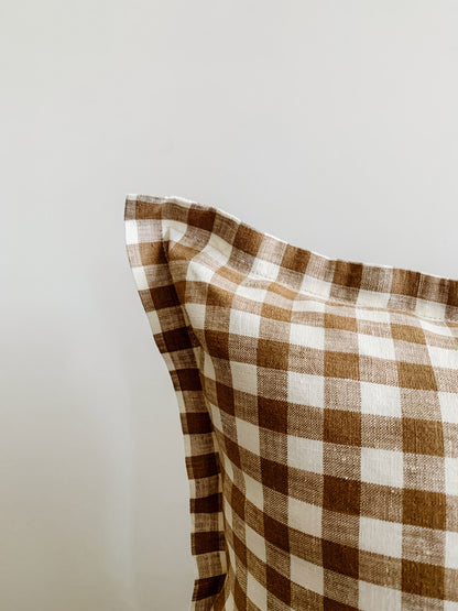 Pure French Linen Lumbar Cushion Cover with Flange Detail - Chocolate Gingham