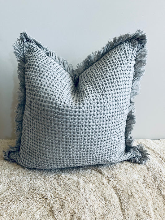 Organic Cotton Waffle Ruffle Cushion Cover - Light Grey- 2.5cm Frayed Ruffle