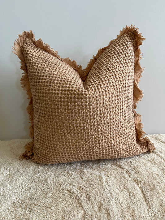 Organic Cotton Waffle Ruffle Cushion Cover - Light Rust- 2.5cm Frayed Ruffle