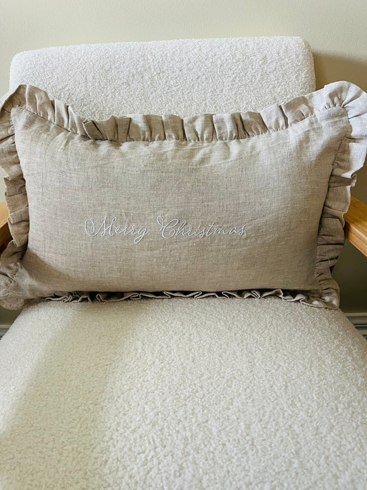 Pure Linen Lumbar Cushion Cover - LIMITED EDITION CHRISTMAS RANGE - MERRY CHRISTMAS - Natural DISCOUNTED