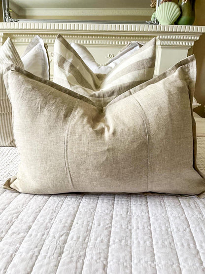 Pure French Linen Lumbar Cushion Cover with Flange Detail - Natural