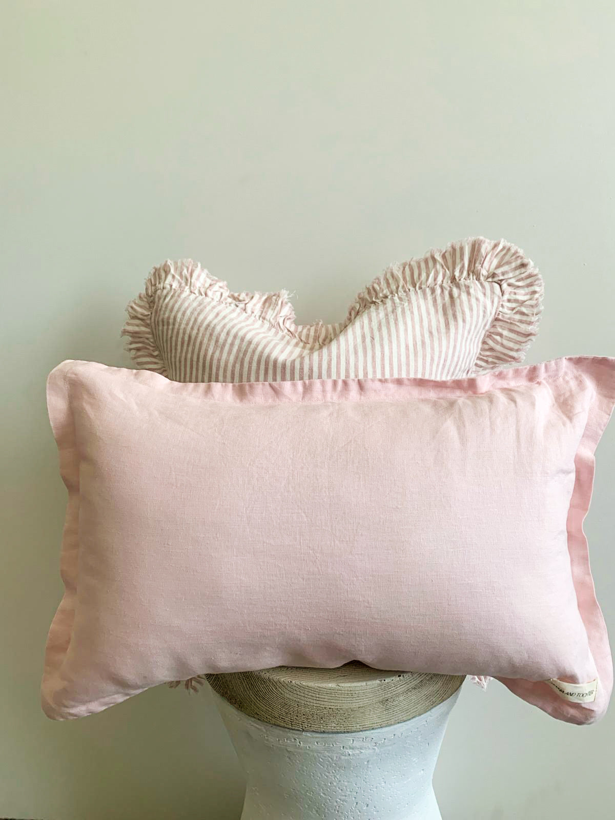 Pure French Linen Lumbar Cushion Cover with Flange Detail - Pale Pink