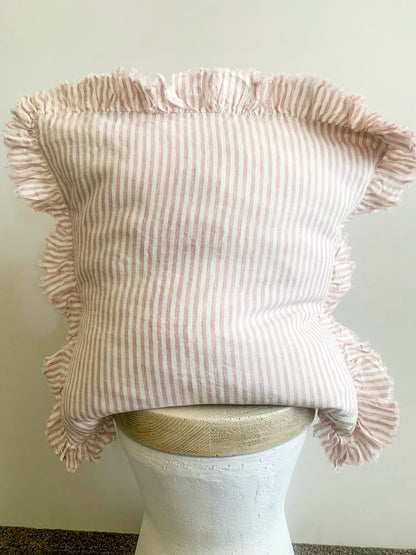 Pure French Linen Frayed Edge Ruffle Cushion Cover - Pink Pinstripes