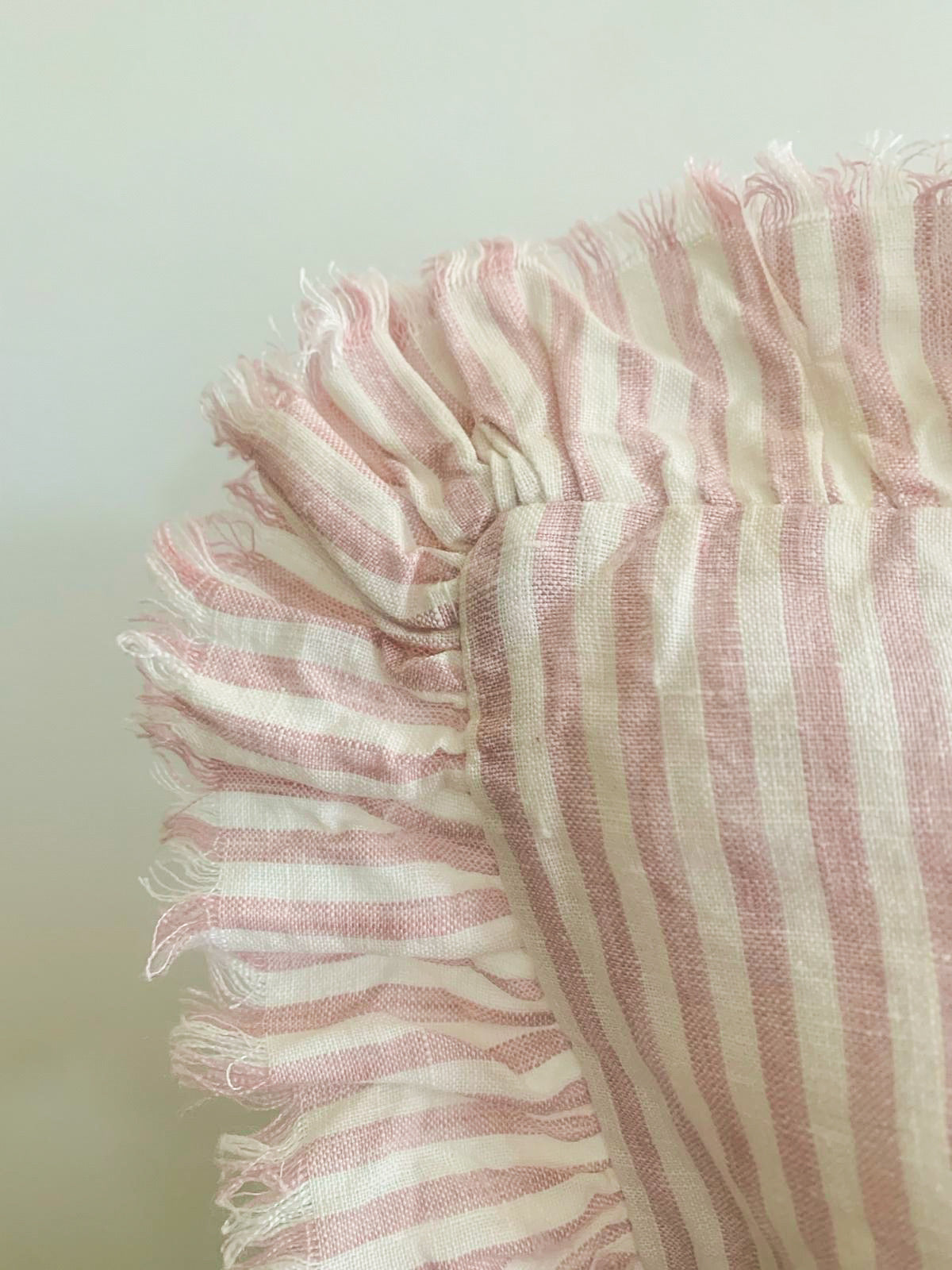Pure French Linen Frayed Edge Ruffle Cushion Cover - Pink Pinstripes