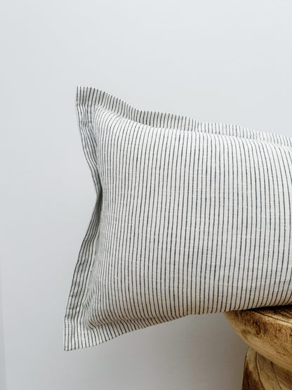 Pure French Linen Lumbar Cushion Cover with Flange Detail - Pinstripe
