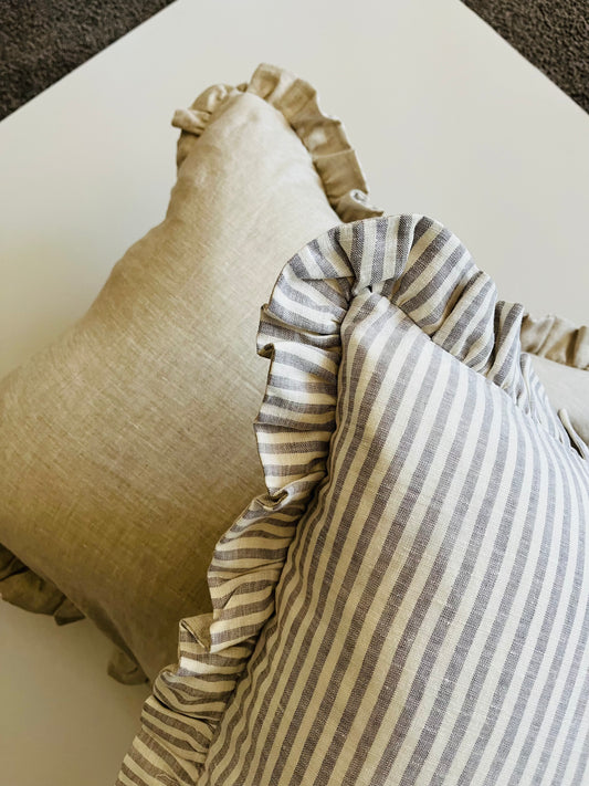 Pure Linen Reversible Ruffle Cushion Cover - Grey Stripe - Natural