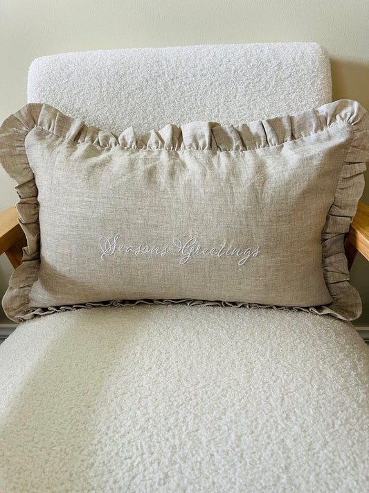 Pure Linen Lumbar Cushion Cover - LIMITED EDITION CHRISTMAS RANGE - SEASONS GREETINGS - Natural DISCOUNTED