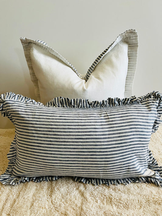 Pure Linen Cushion with Split Flange in Contrasting Color - White/Marine Stripes - 20% OFF