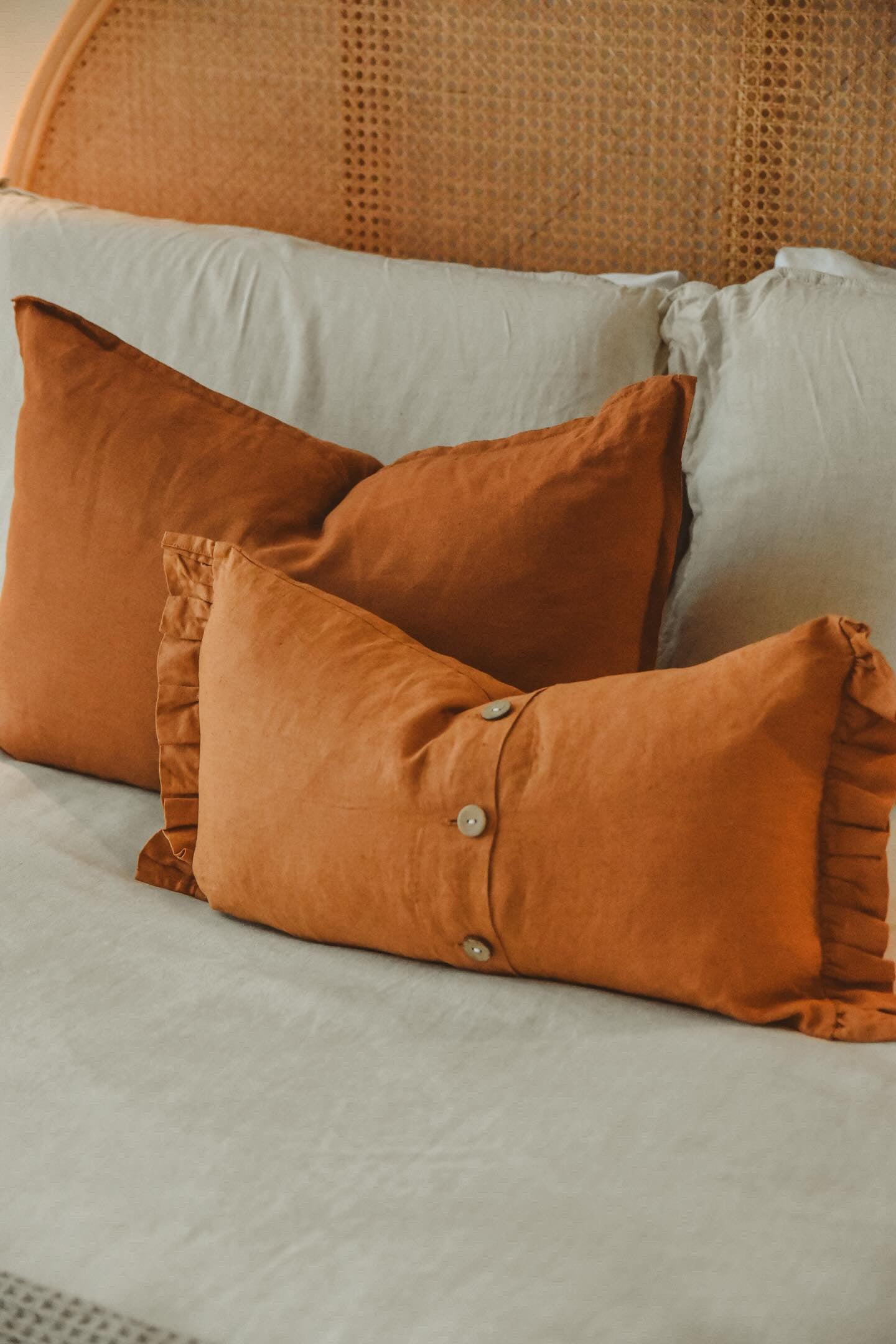 Pure French Linen Lumbar Cushion Cover with Flange Detail - Tobacco