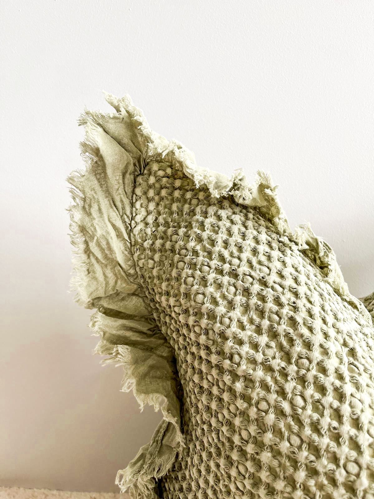 Organic Cotton Waffle Ruffle Cushion Cover - Light Olive