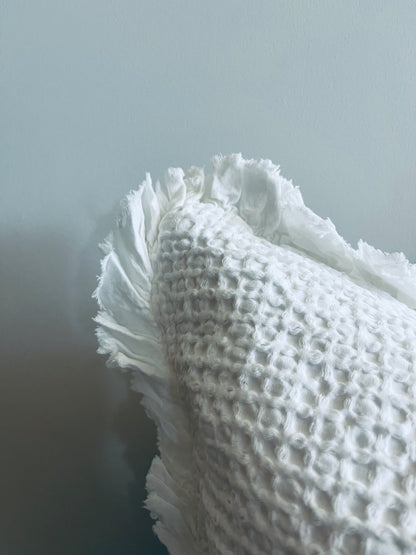 Organic Cotton Waffle Ruffle Cushion Cover - White - 2.5cm Frayed Ruffle