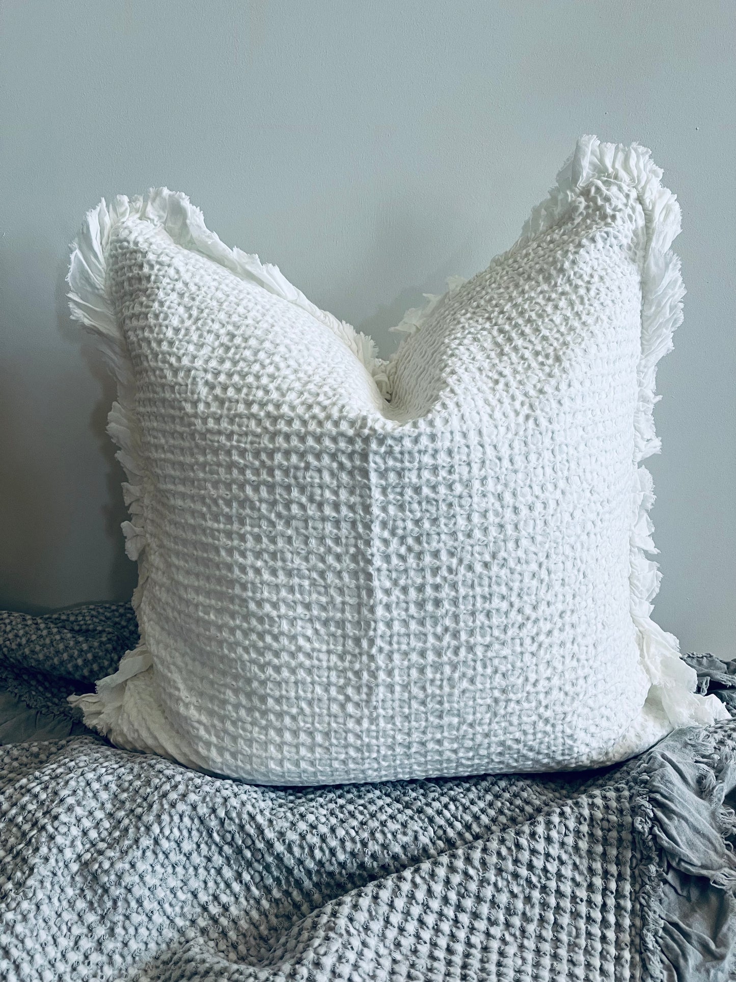 Organic Cotton Waffle Ruffle Cushion Cover - White - 2.5cm Frayed Ruffle