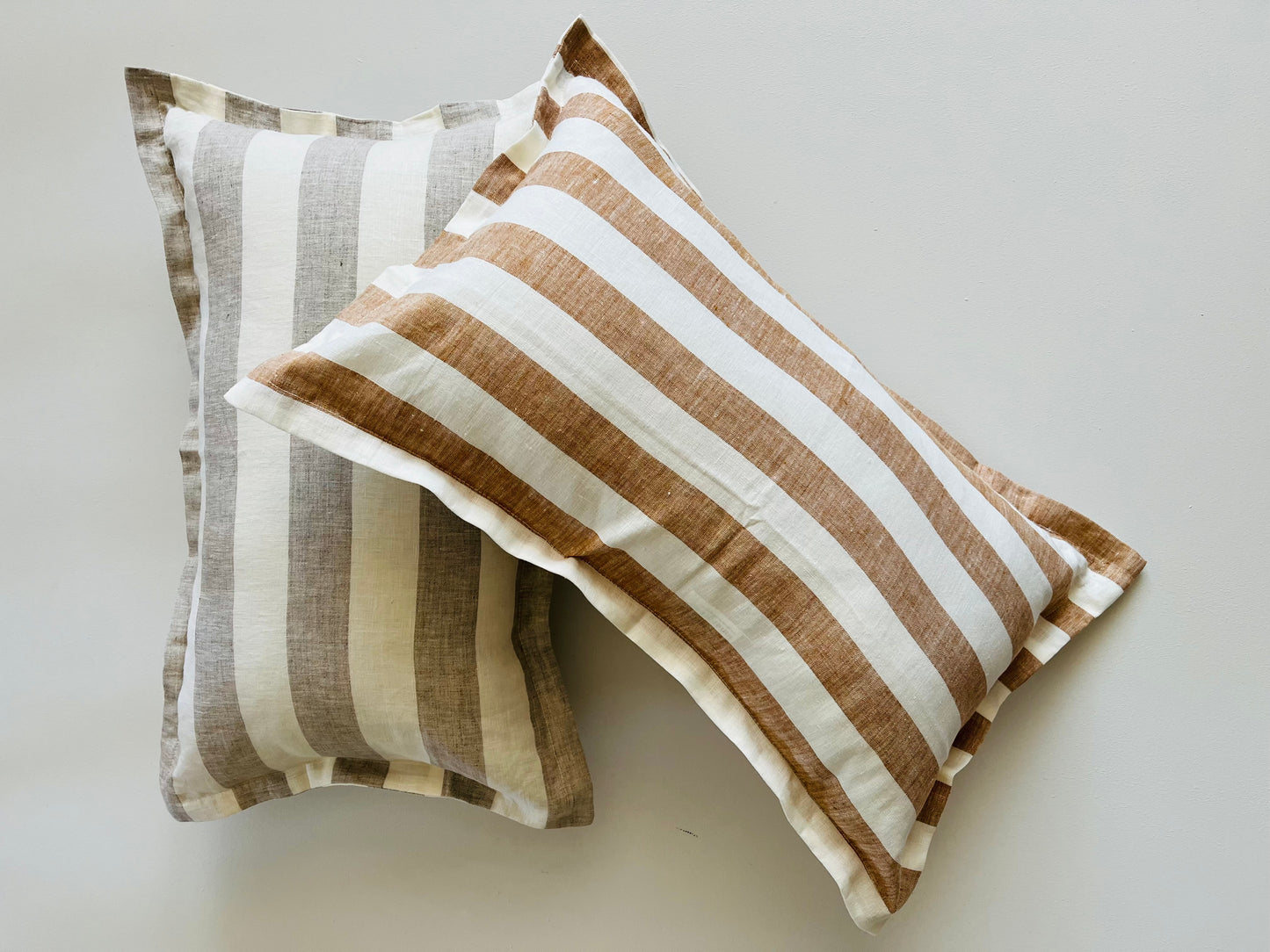 Pure French Linen Lumbar Cushion Cover with Flange Detail - Natural Wide Stripe