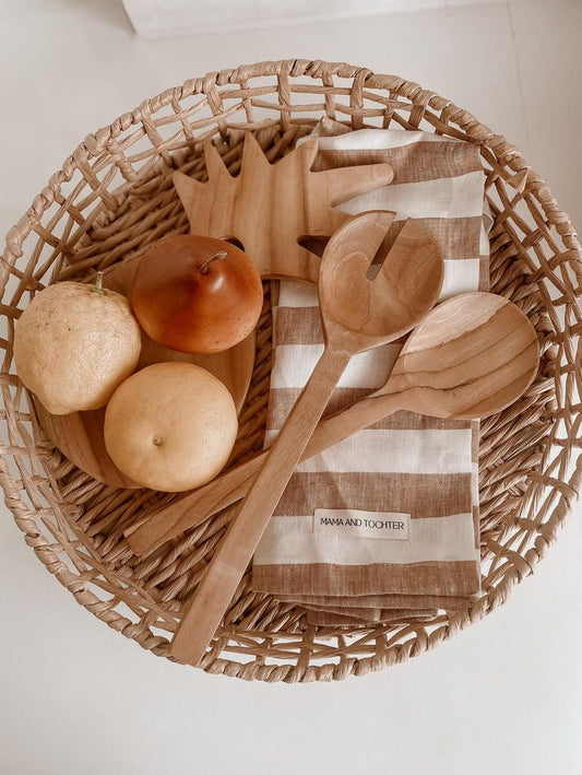 Pure French Linen Tea Towel - Wide Toffee Stripe