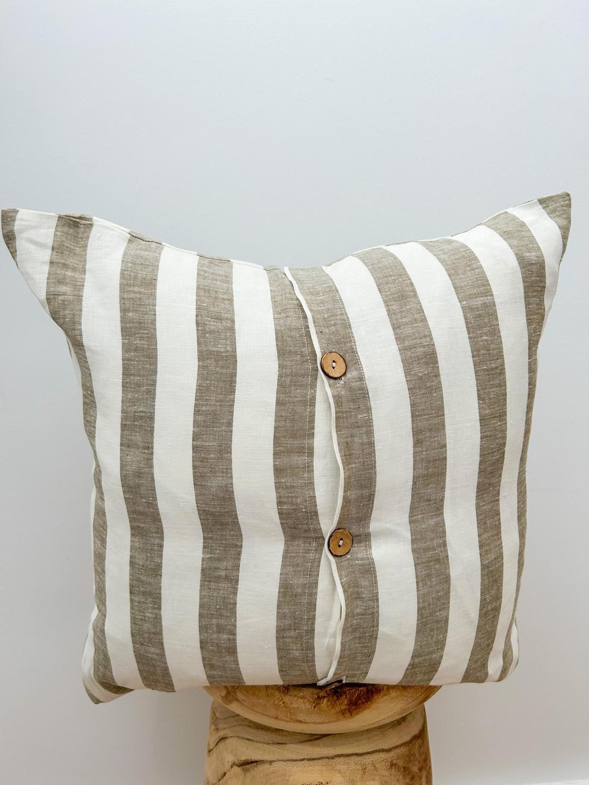 Pure Linen Cushion Cover - Wide Olive Stripe