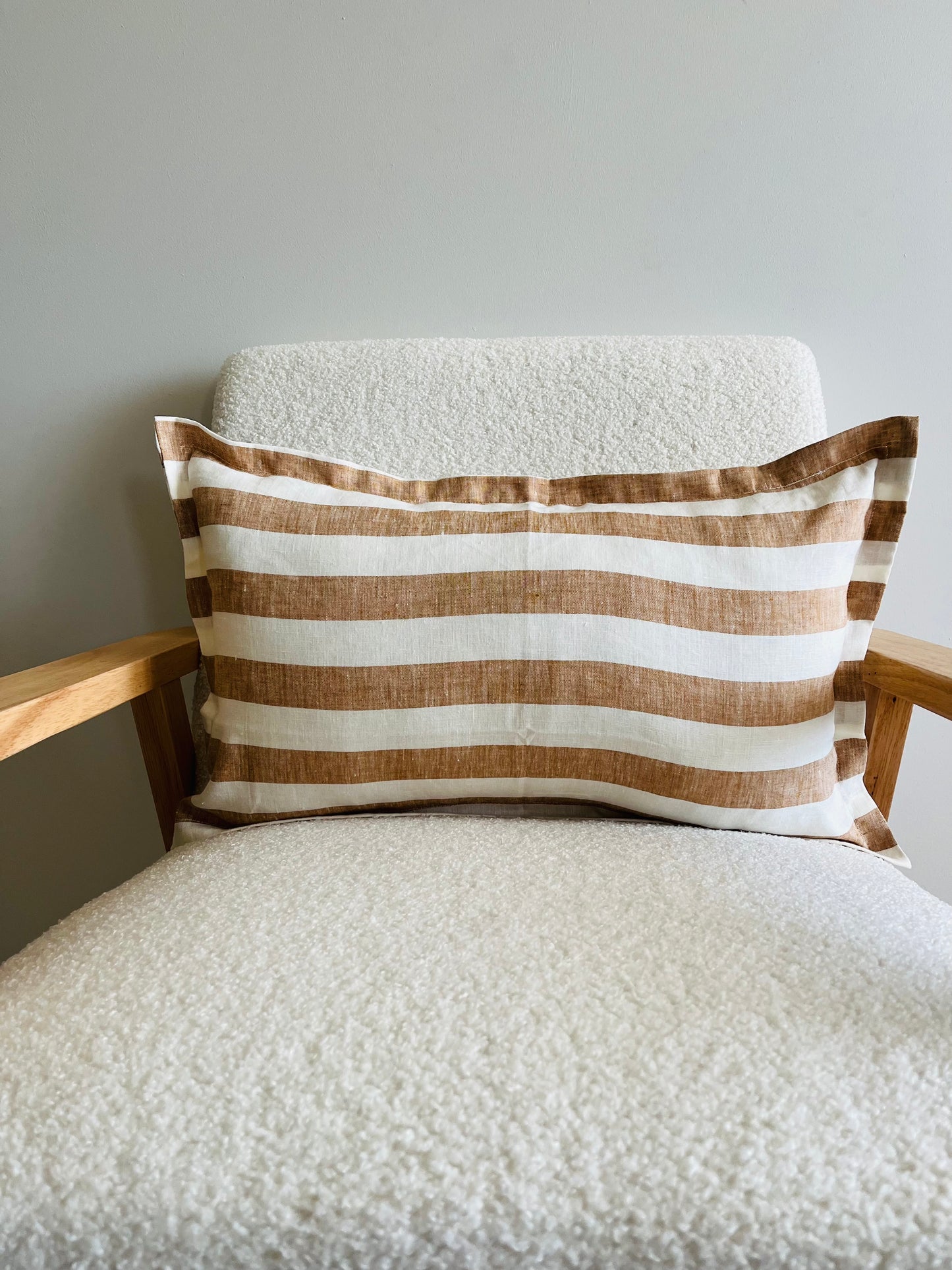 Pure French Linen Lumbar Cushion Cover with Flange Detail - Wide Toffee Stripe