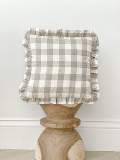 Pure Linen Ruffle Cushion Cover - Natural Gingham